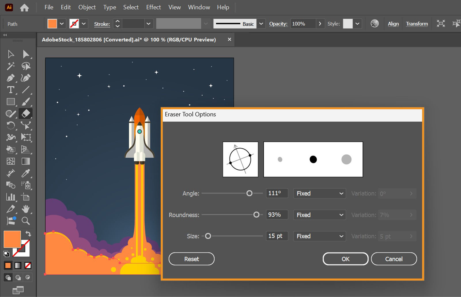 Eraser Tool Options dialog in Illustrator showing angle, roundness, and size settings over artwork of a rocket launching with stars in the background.