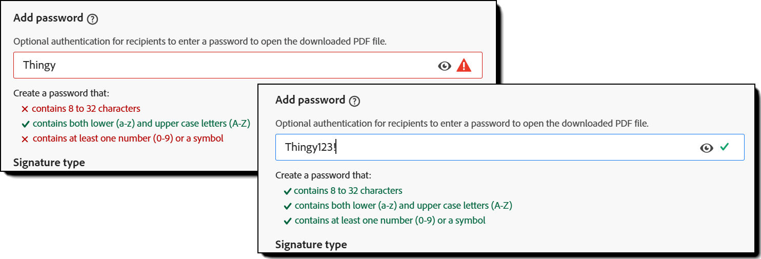 Two views of the "add password" section, one with missing elements and the red text highlighted, the other with all elements included and all text green.