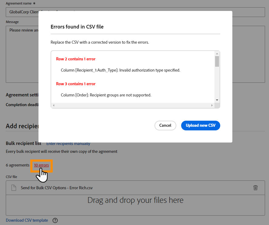 Example error report from generated child agreements on the parent template