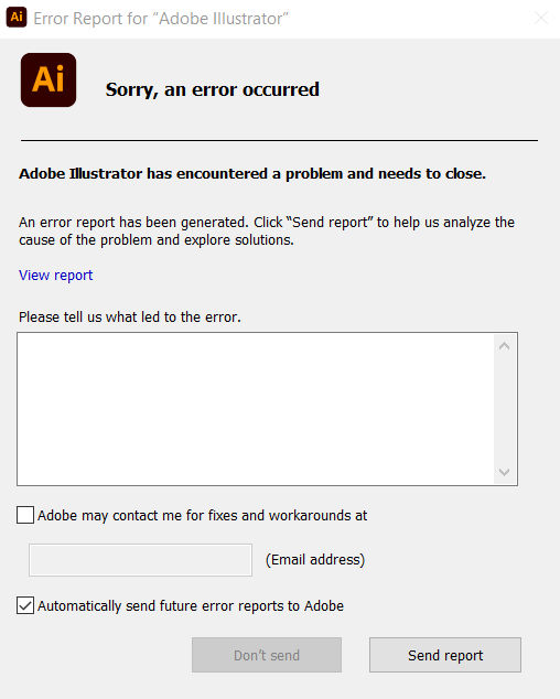 Error report for Illustrator on Windows