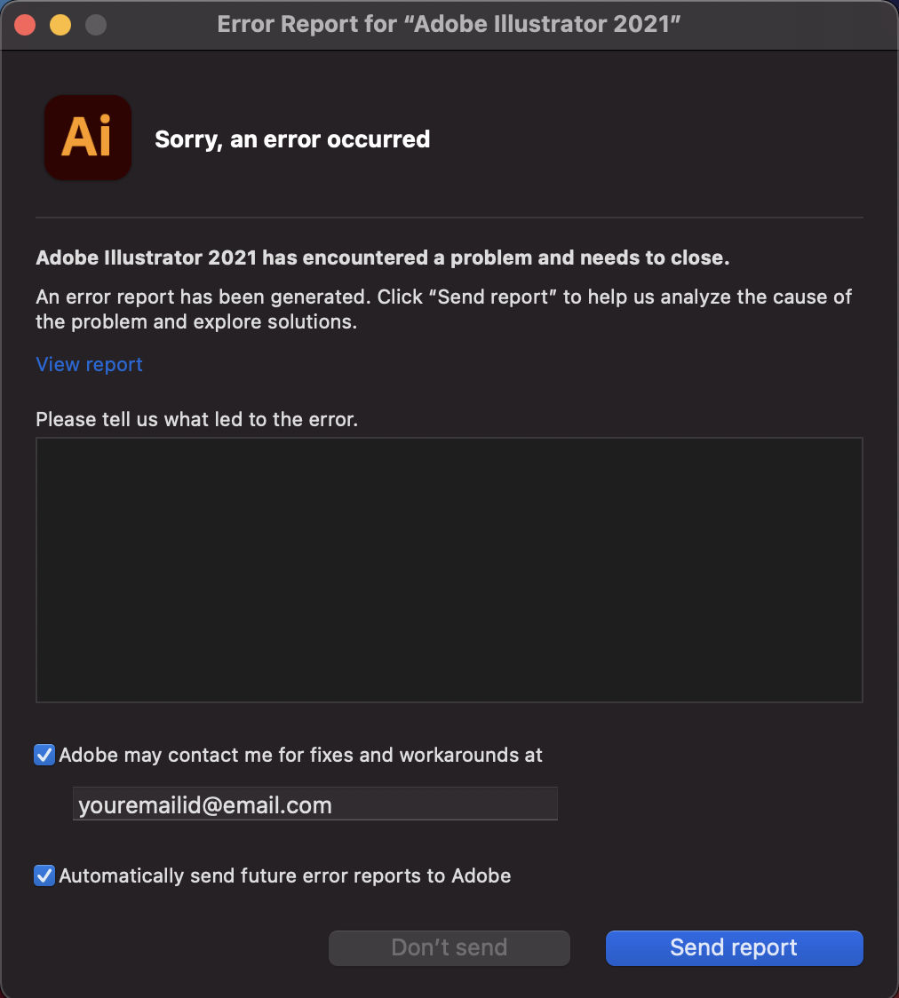 Error report for Illustrator on macOS
