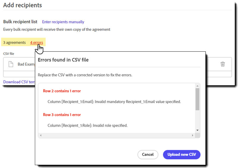 The "Add recipients" section of the Send in Bulk interface with an error link highlighted and the error report inserted.