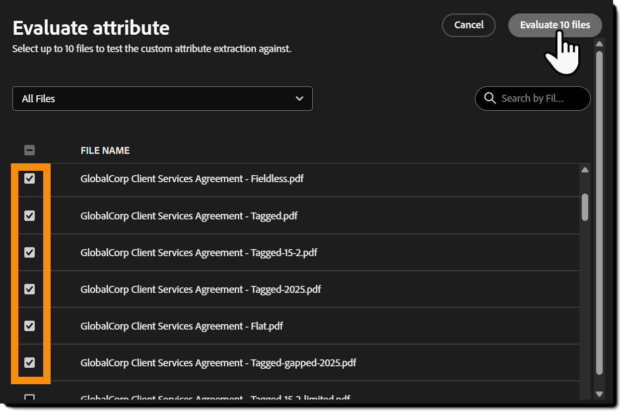 The Evaluate Attribute page with severaal files selected.