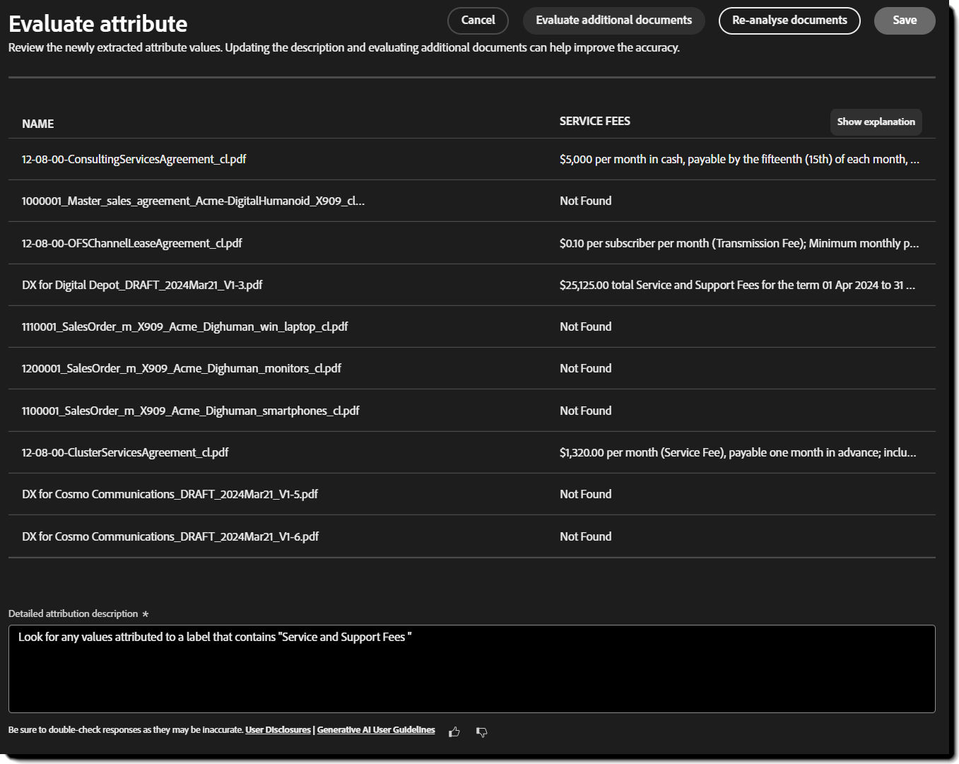 A list of documents and the related extracted values.