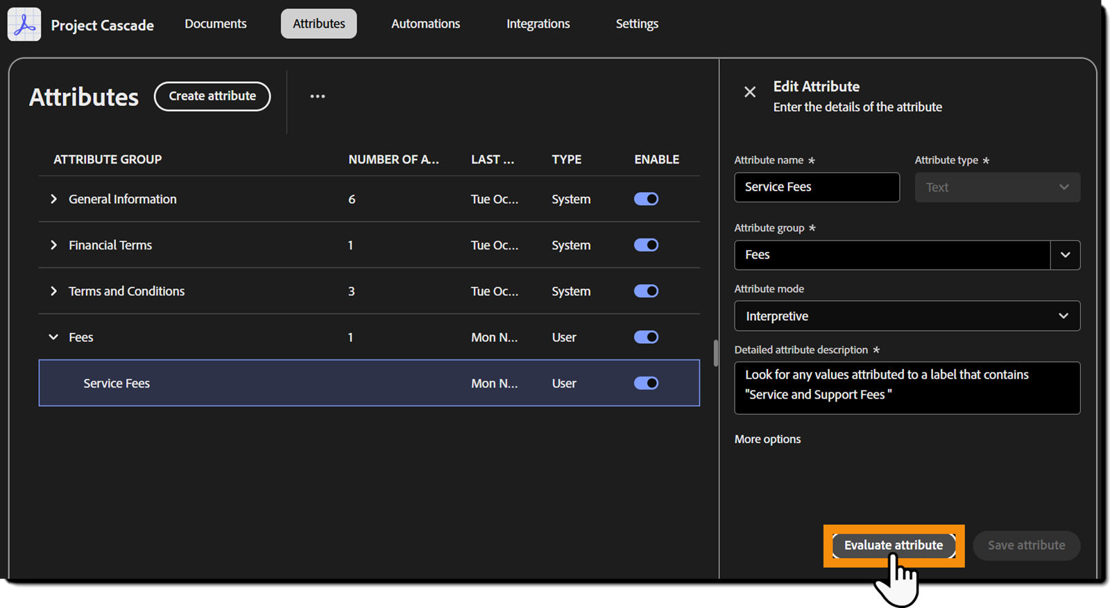 The Attribute page highlighting the Evaluate attribute button.