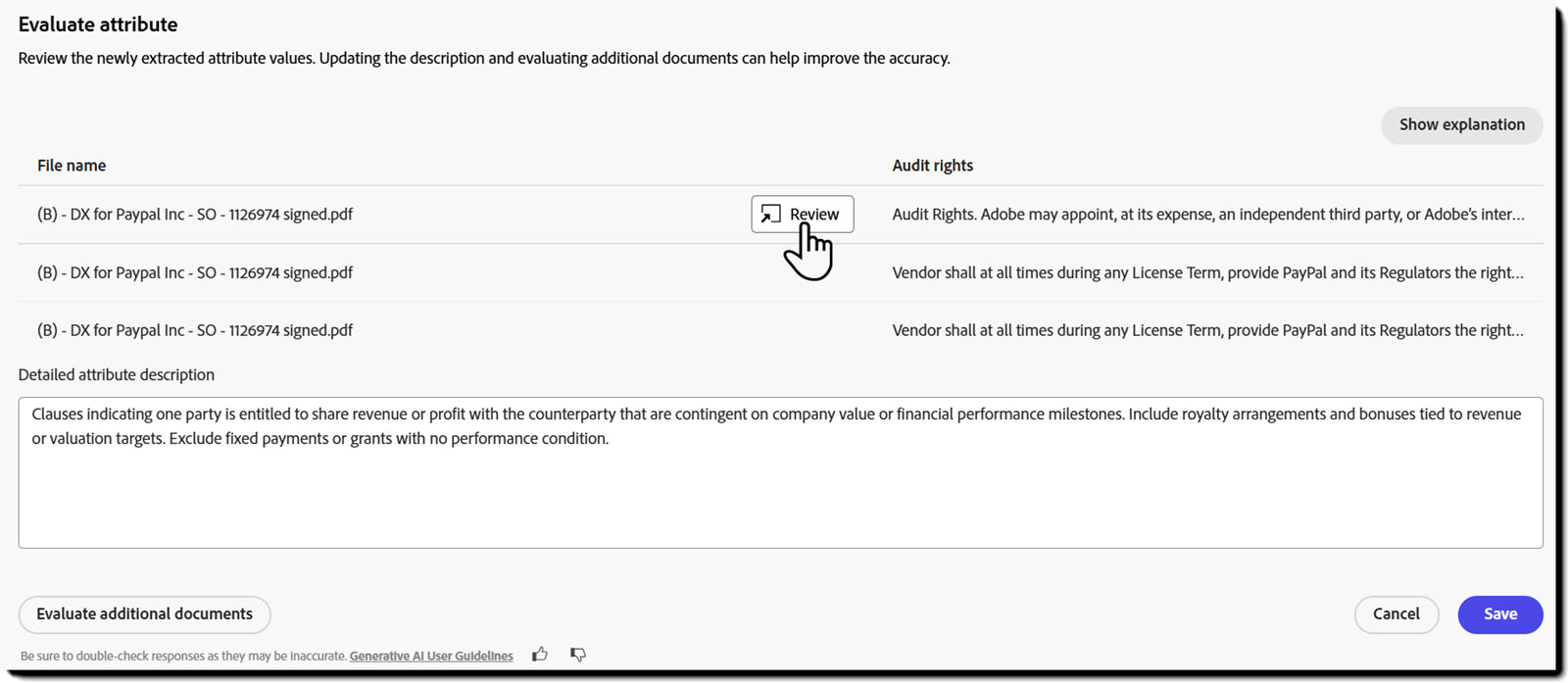 The "Evaluate attribute" page with the "Review" button highlighted.