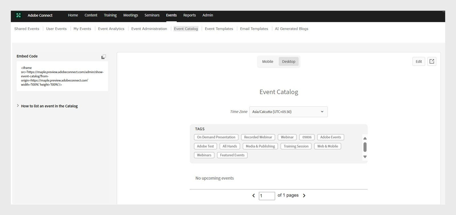 Event catalog showing the options to edit the event