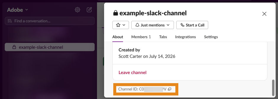 Slack channel details with the About tab open and the channel ID displayed.