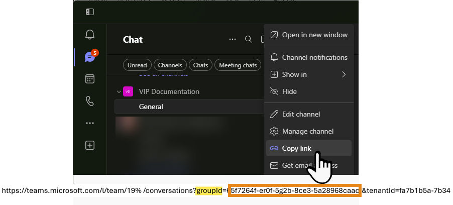 Microsoft Teams channel details with the About tab open and the channel ID displayed.