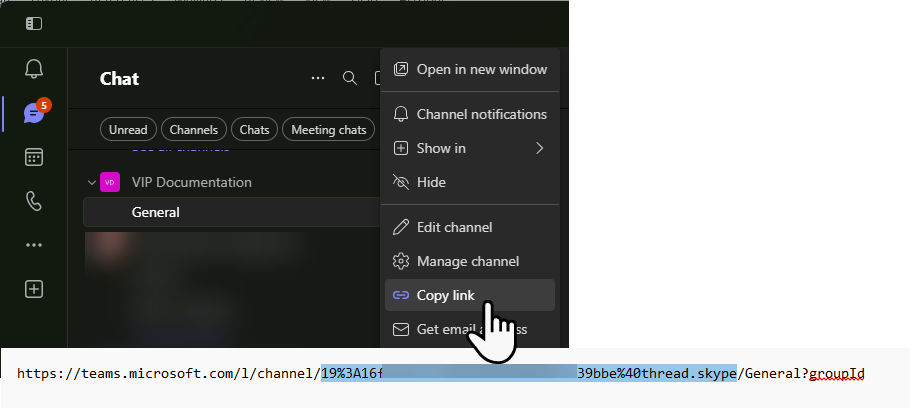 Microsoft Teams channel details with the About tab open and the channel ID displayed.