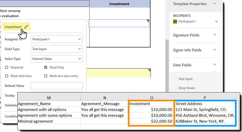 An example CSV file with two custom field columns added