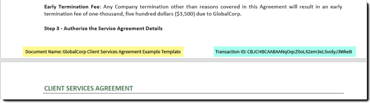 Example of the document name and transactionId at the bottom of an agreement page.