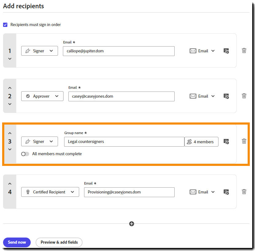 Example recipient list with a recipient group highlighted