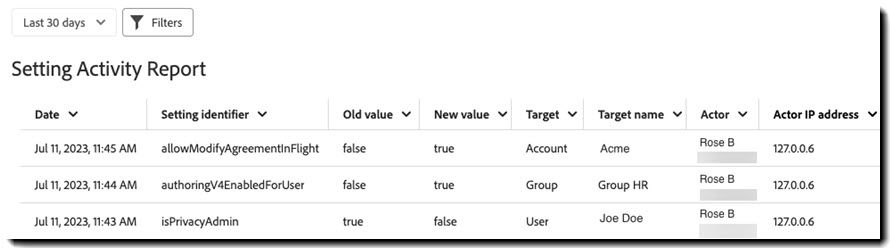 Settings Activity Audit Log with several entries displayed