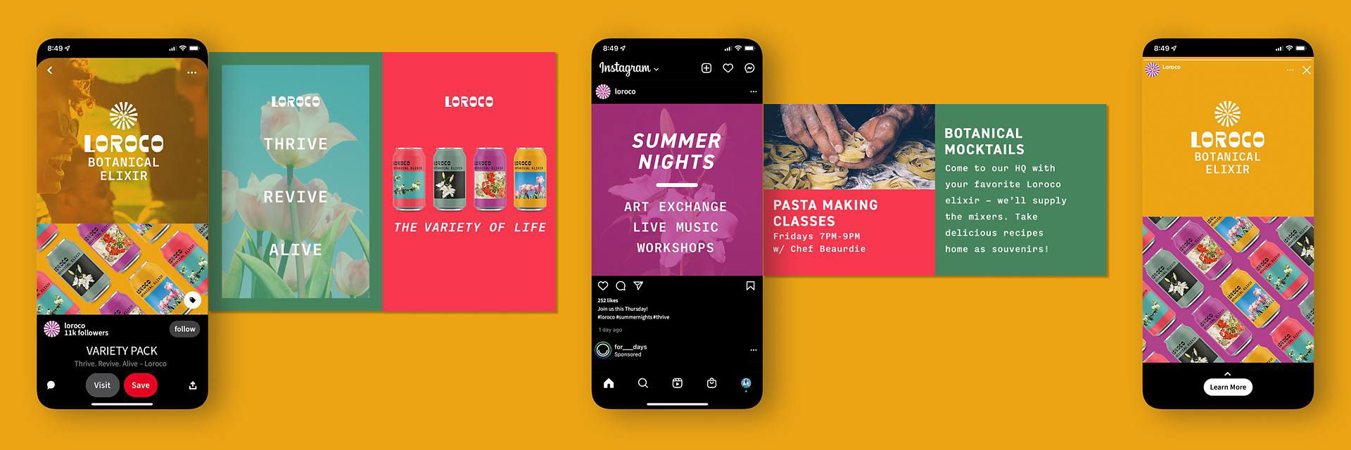 Examples of three template permutations for Pinterest and Instagram posts and Instagram stories.