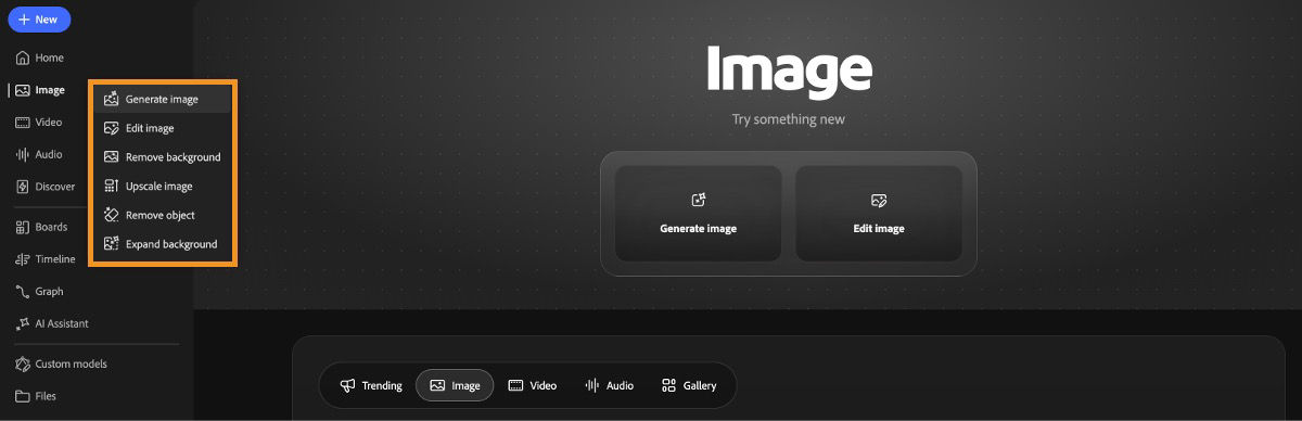Expanded Image menu showing options to generate, edit, upscale, and remove objects from images.