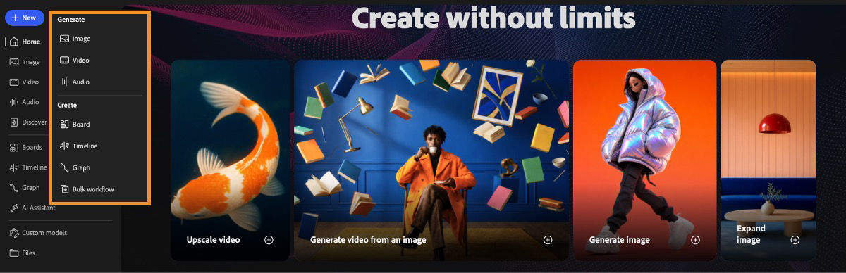 Expanded New menu showing options to create image, video, audio, boards, timeline, and graph projects.