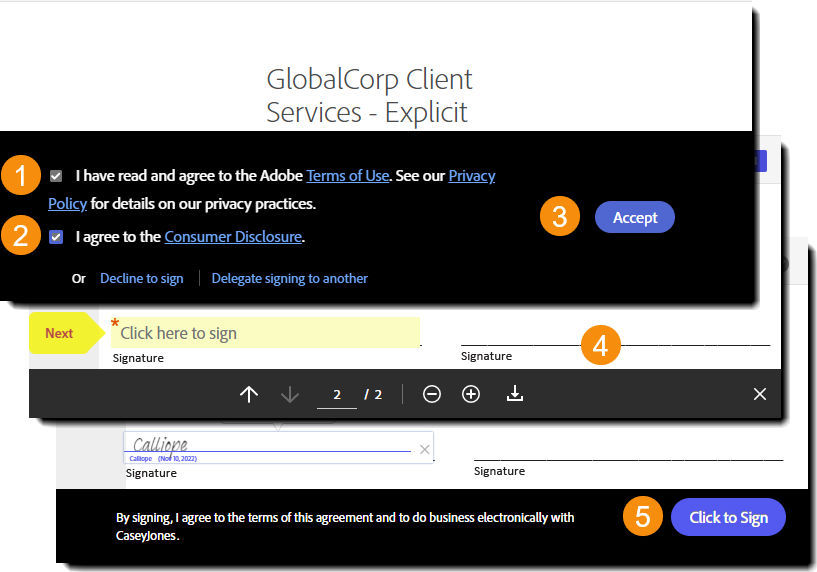 Explicit consent before viewing steps to accept the ToU and CD