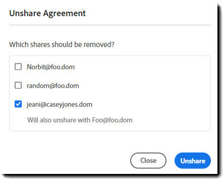 The Unshare Agreement interface with three users listed and one selected.