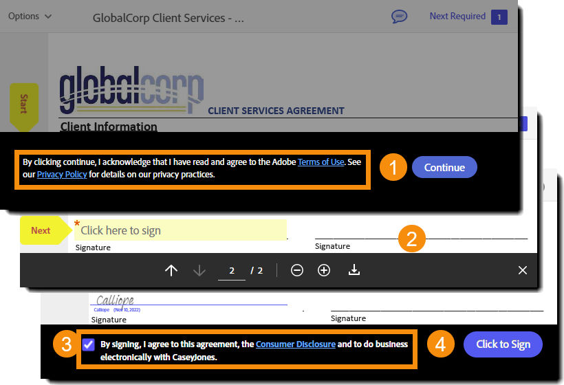 Explicit consent when signing steps to accept the ToU and CD