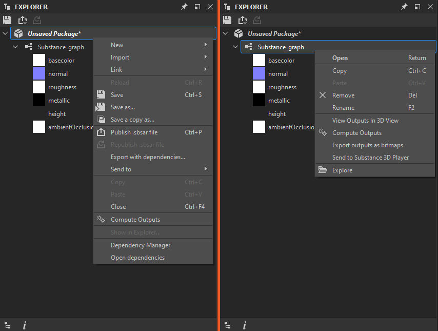 Two examples of the right click menu open in the Explorer panel. The first image shows the right click menu for a package, the second image shows the right click menu for a graph.