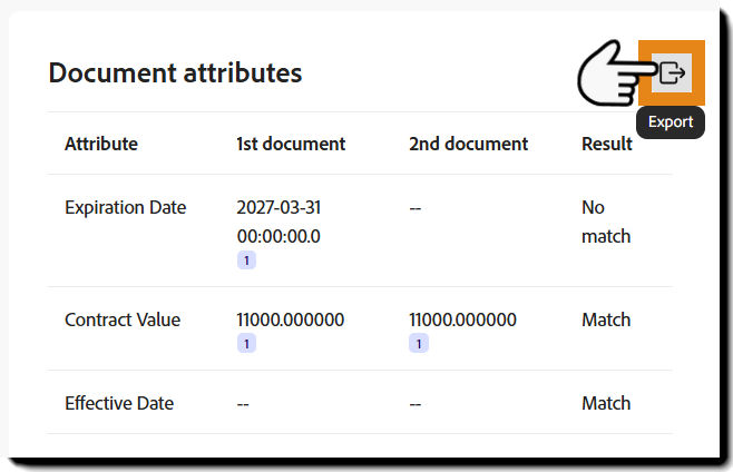 Export icon displayed in the comparison results view.