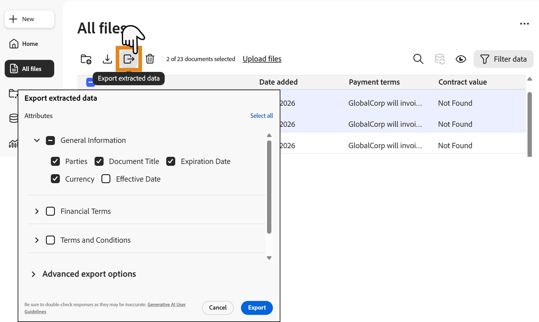 The Documents page with the Export Attributes button highlighted and the selection panel exposed