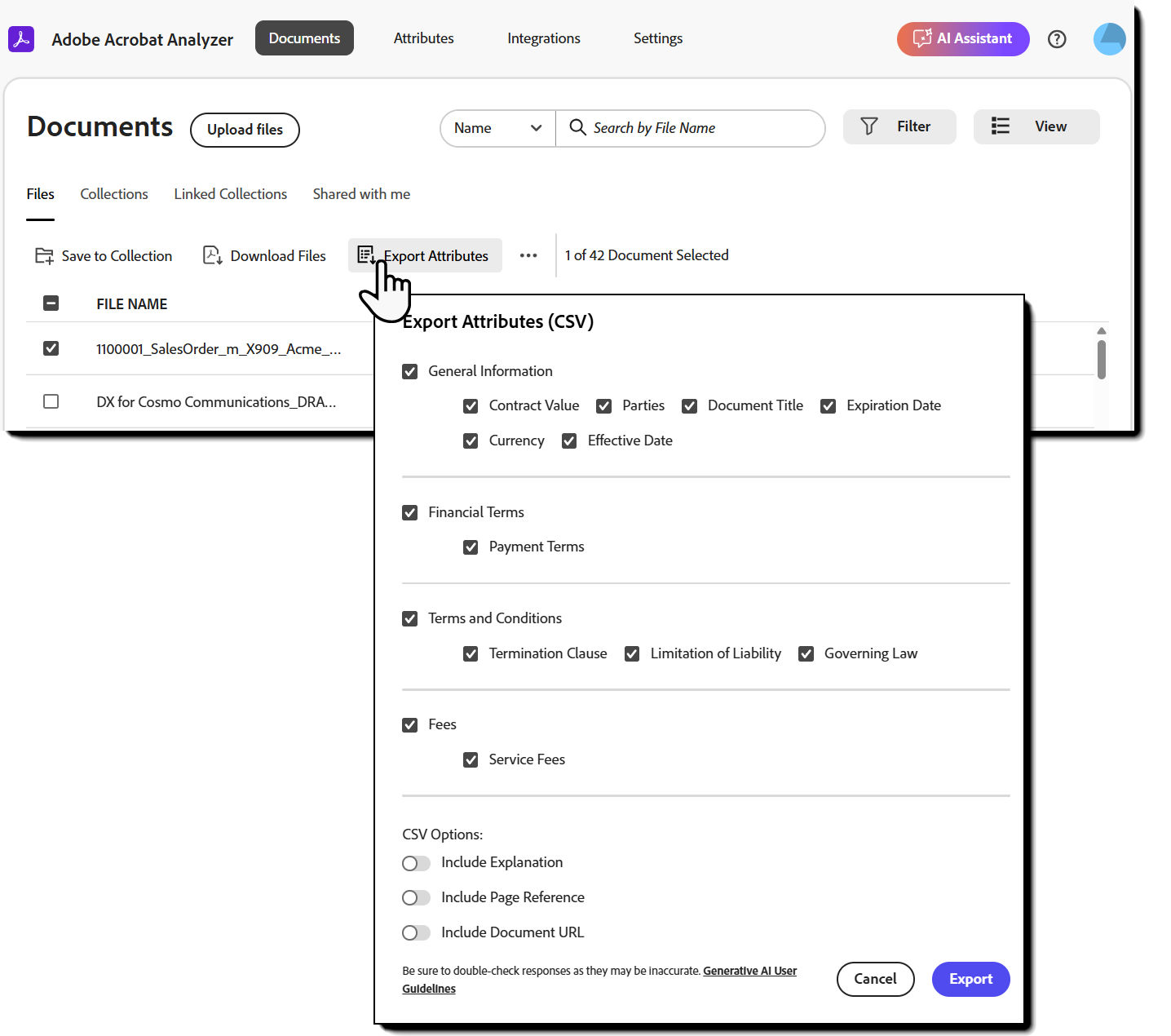 The Documents page with the Export Attributes button highlighted and the selection panel exposed