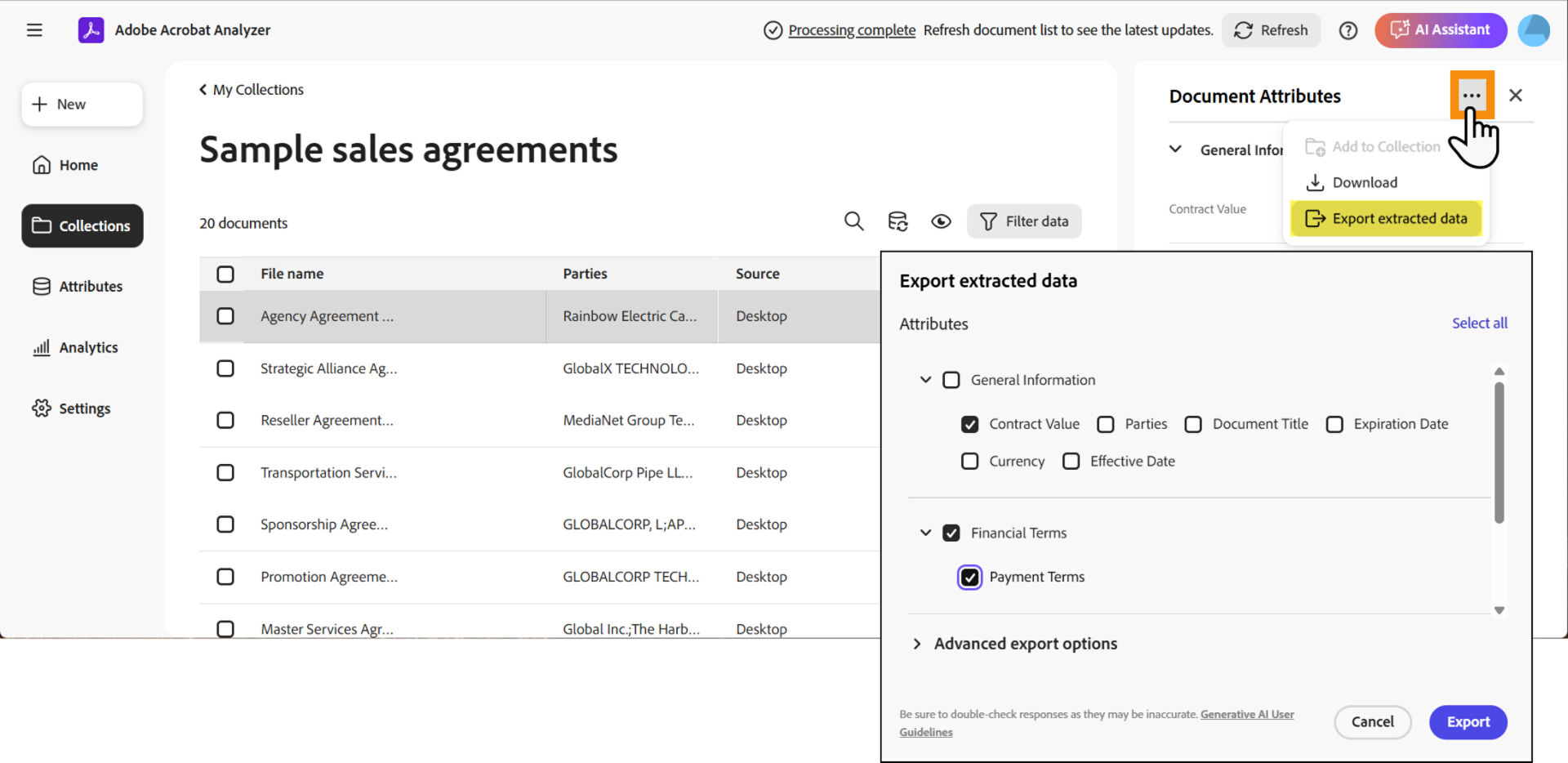 The Documents page with the Export Attributes button highlighted and the selection panel exposed