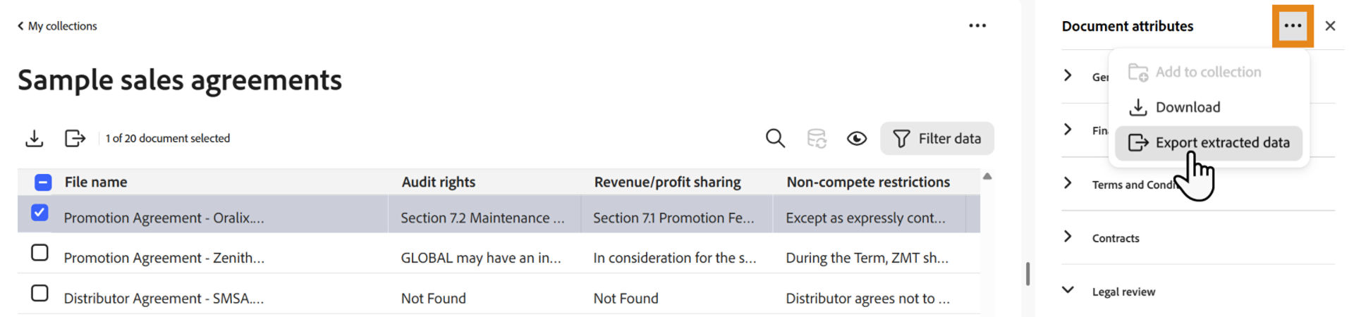 The document attributes panel with the "Export extracted data" action exposed