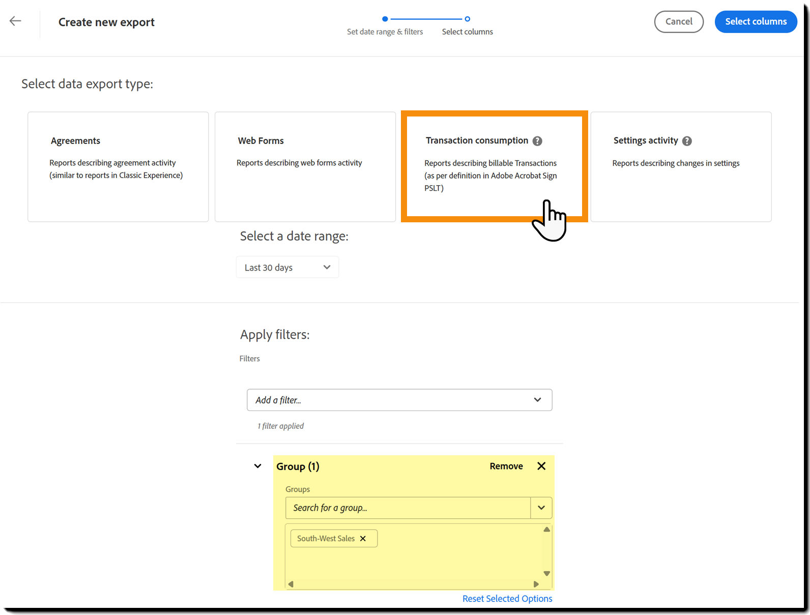 The Data Export page with the group filter added