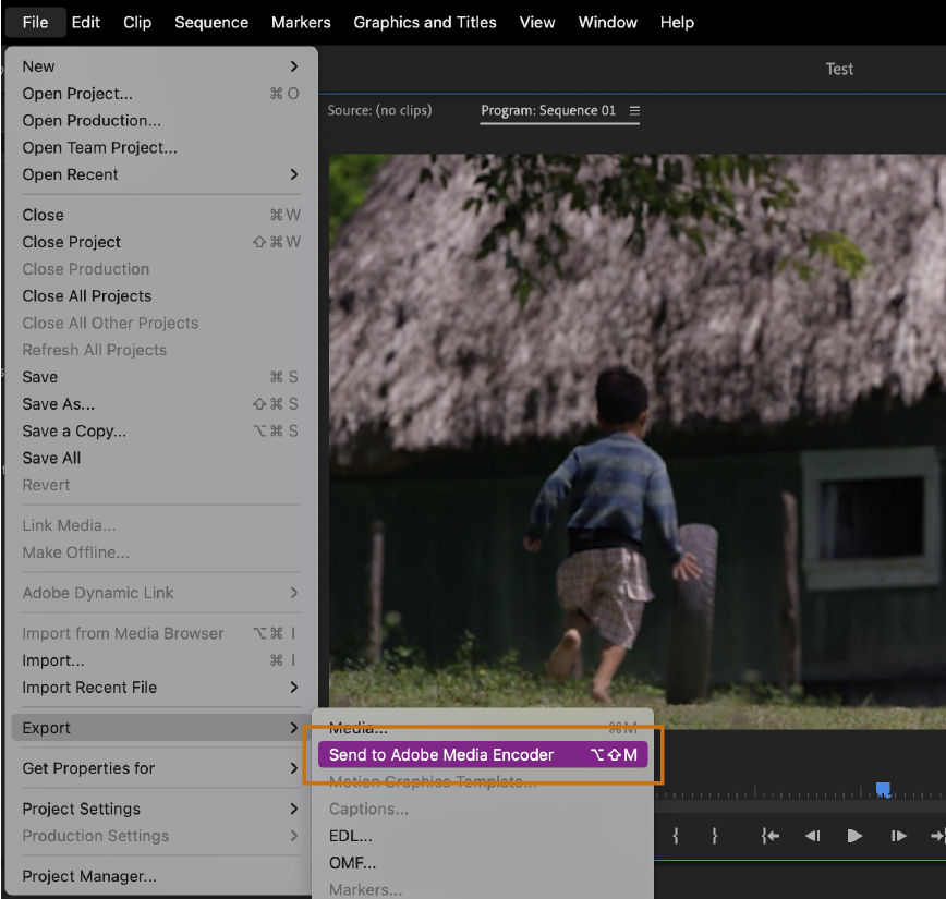 The UI shows the new menu command i.e. File > Export > Send to Adobe Media Encoder