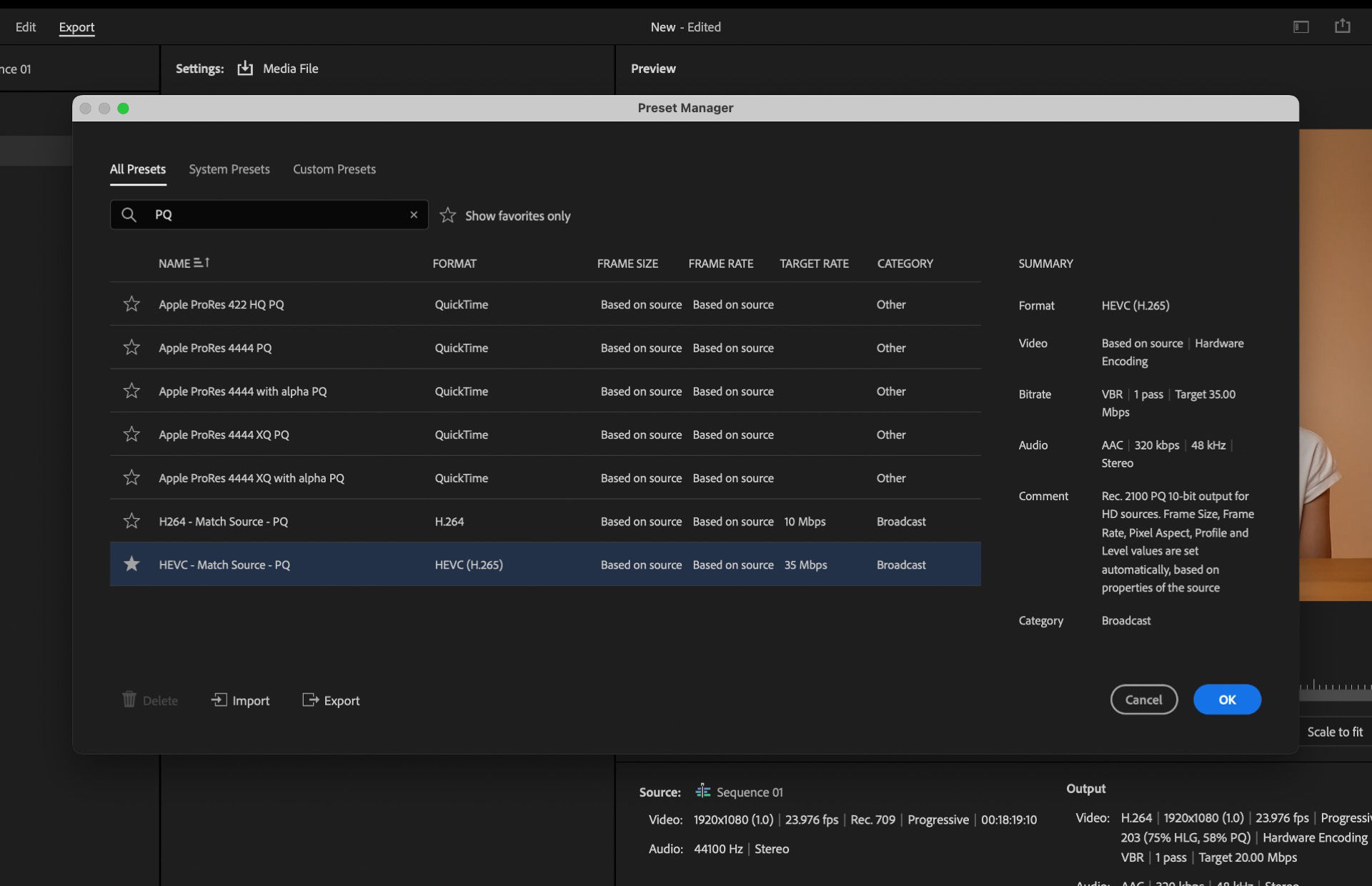 Adobe Premiere Pro’s Export Settings panel showing the Preset Manager with various output options, including Apple ProRes and HEVC. The selected preset, "HEVC - Match Source - PQ," is configured for broadcast with a target bitrate of 35 Mbps.