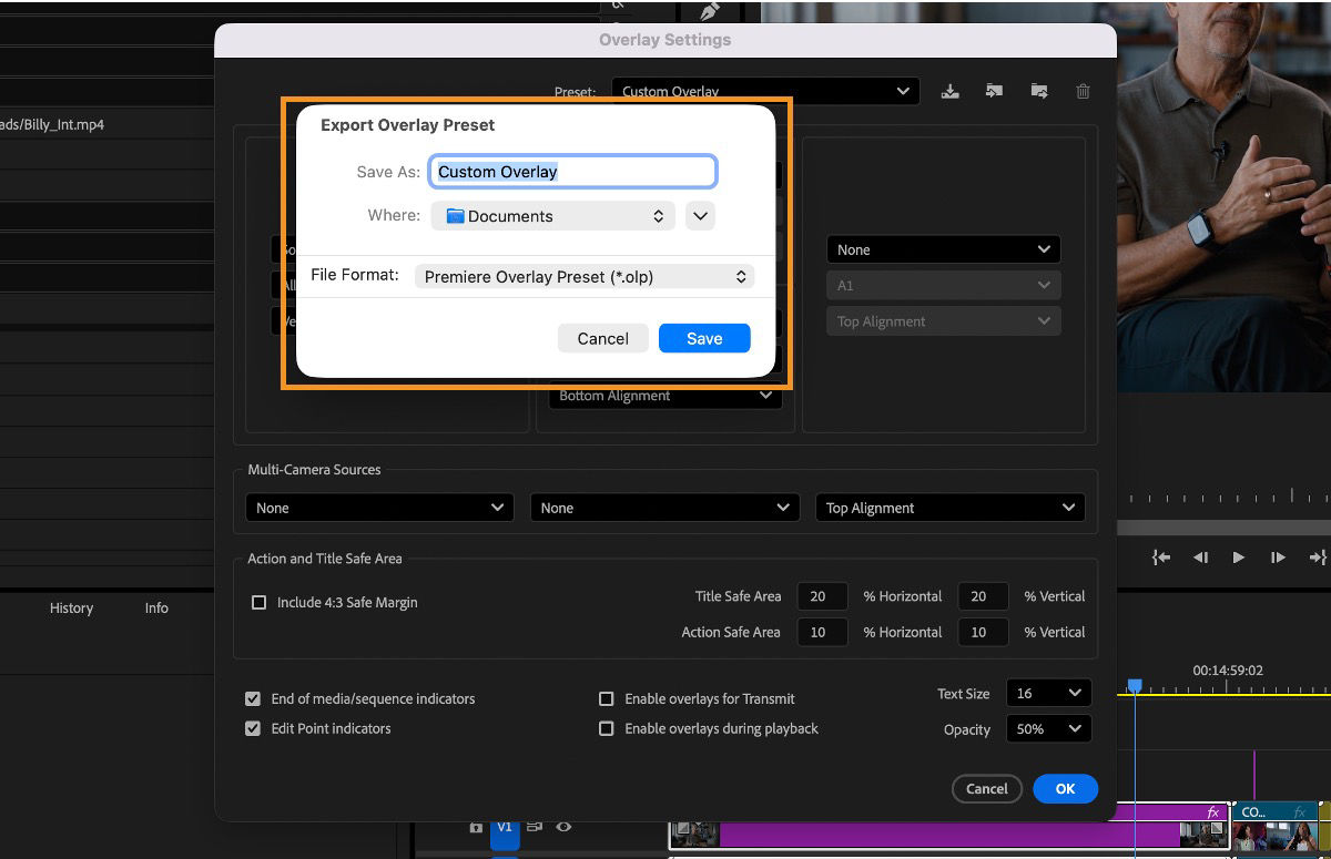 Export Overlay Preset dialog showing options to name and save a Premiere Overlay Preset file.