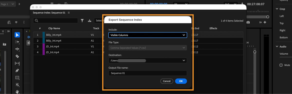 Export Sequence Index dialog showing options for visible columns, CSV file type, destination, and output file name.