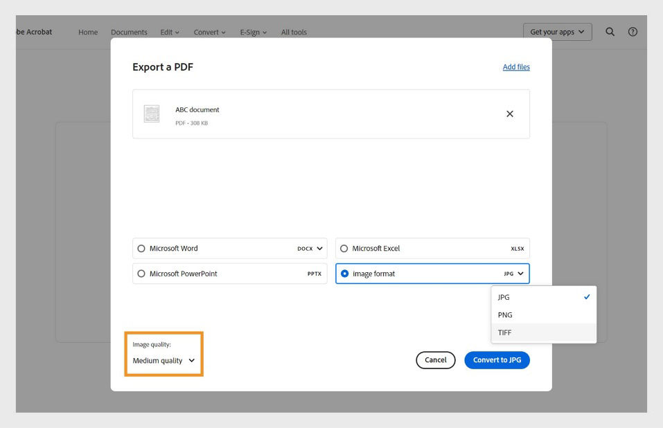Export a PDF file shows 4 conversion options where Image format is selected and Image quality drop-down menu is highlighted.