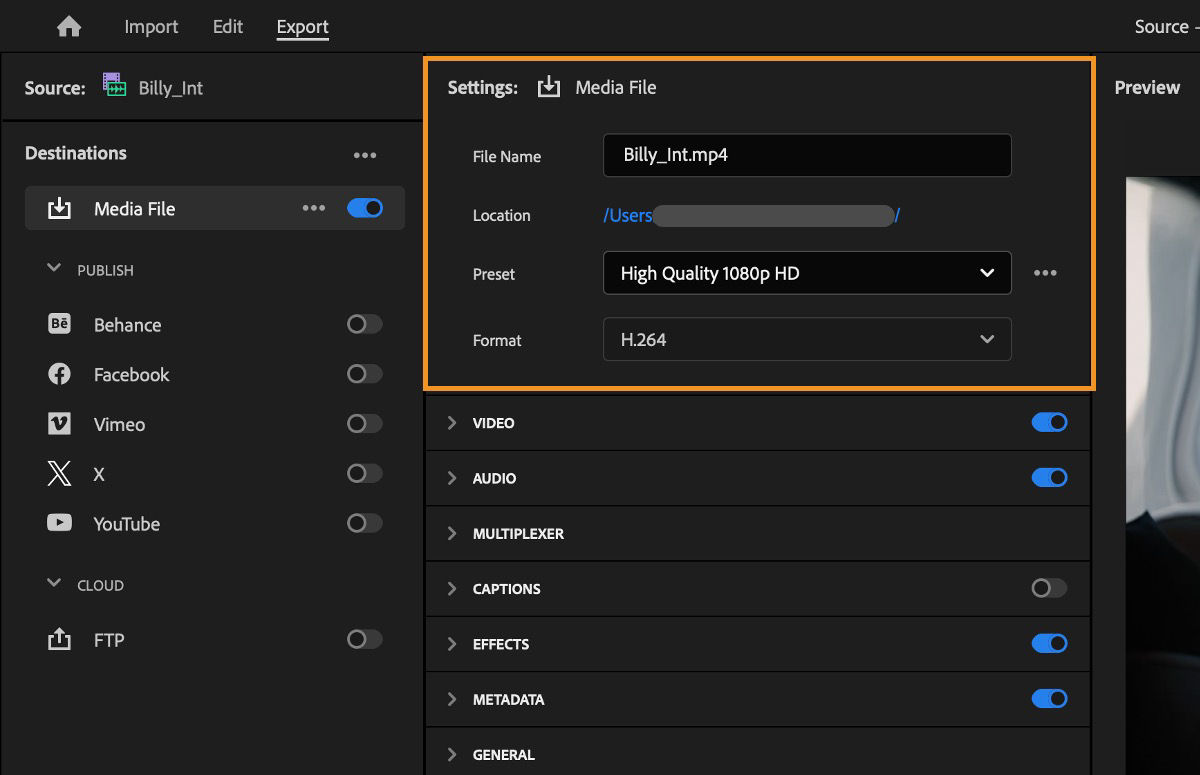 Export mode screen showing file name, location, preset, and format settings for the selected media file.