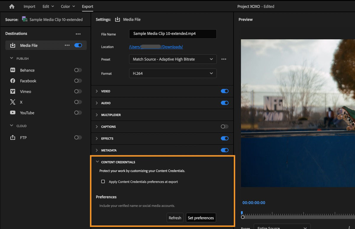 Export settings panel showing Content Credentials section with option to apply credentials and set preferences.