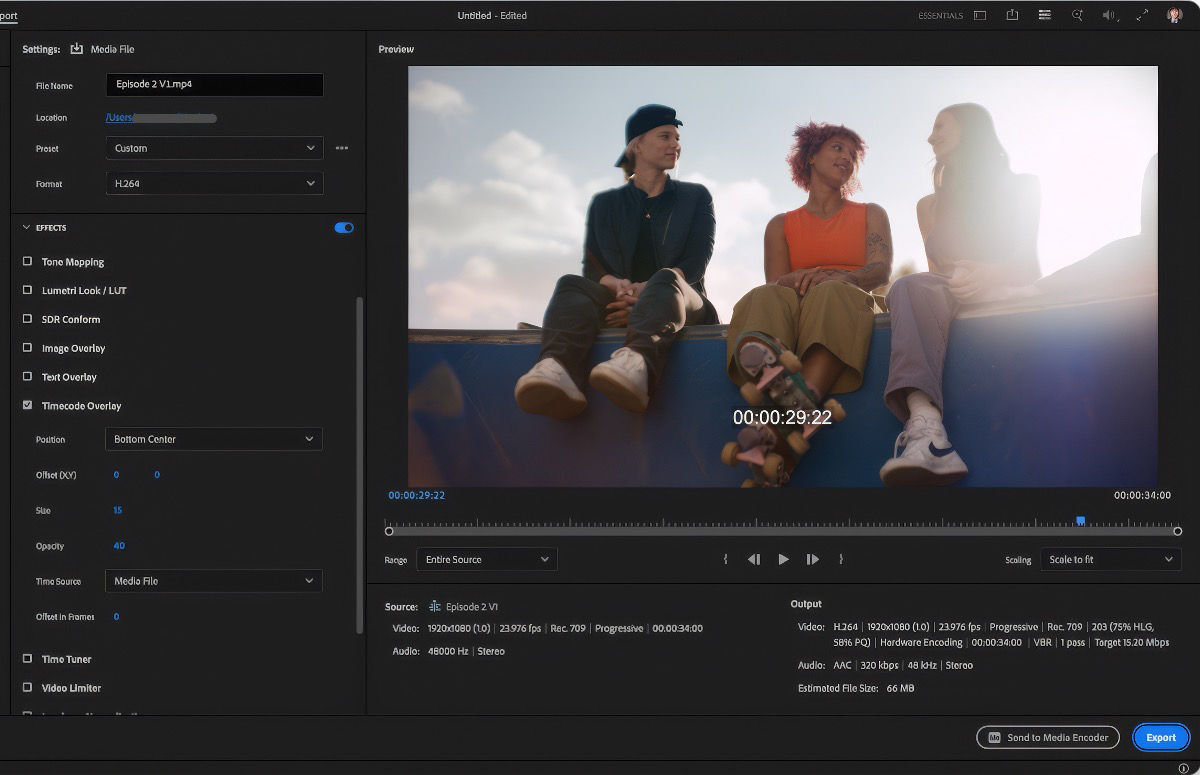 Export settings with Timecode Overlay enabled, showing a running timecode burn-in in the preview.