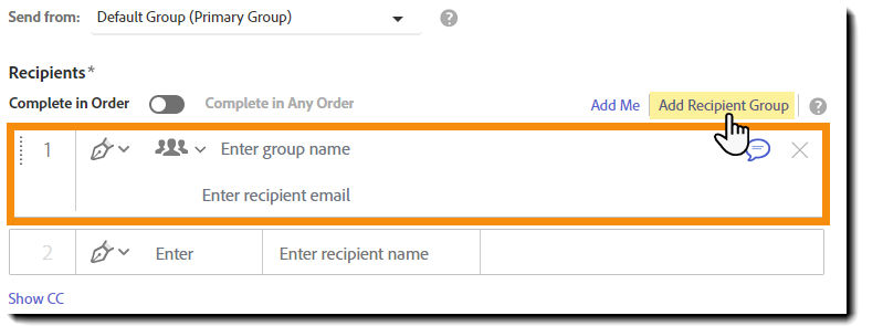 The Send page highlighting the Add Recipient Groups link and displaying the ad-hoc recipient group input fields