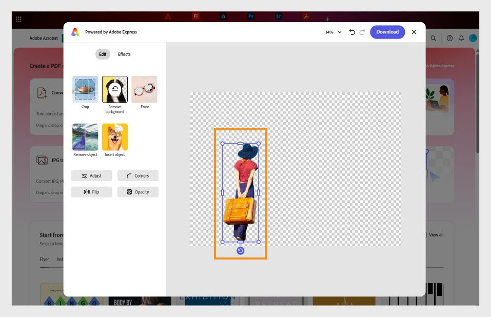 Az Express képszerkesztő párbeszédpanel, amelyen a kép módosító eszközei és egy átlátszó kép látható középen, kék fogantyúkkal a méret és a forgatás beállításához.