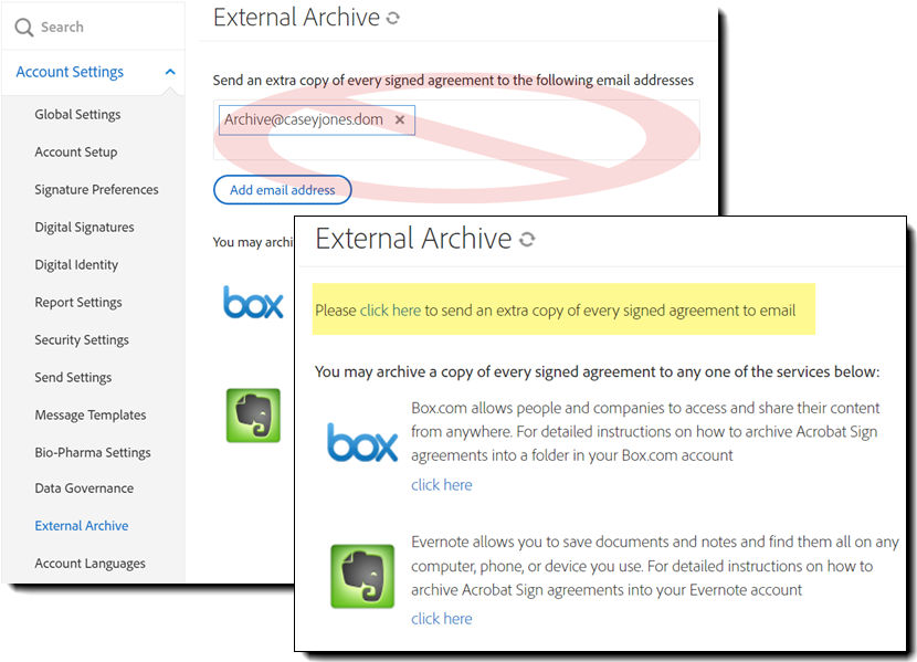 Removing the Send a copy field form External Archives