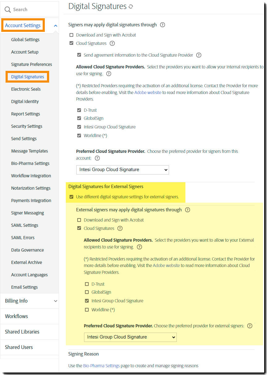 The Digital Signature configuration page with the settings for external signers option highlighted.