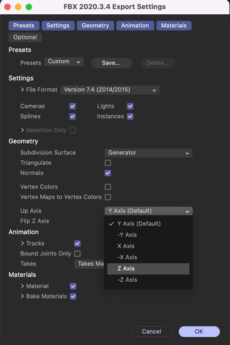 FBX export window