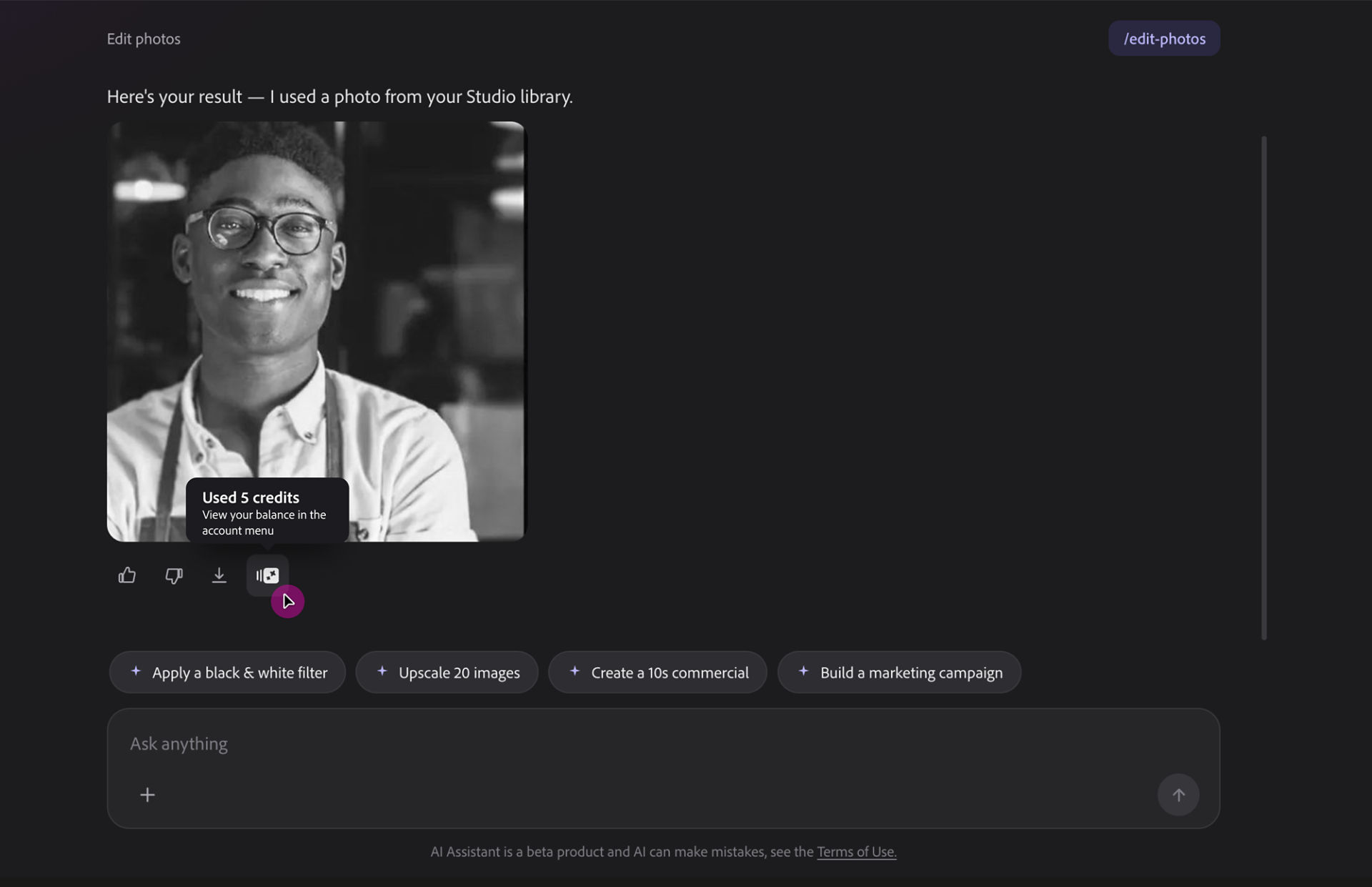 Firefly AI Assistant displays a black-and-white edited portrait, with the credit usage icon selected and a message showing that five credits were used.