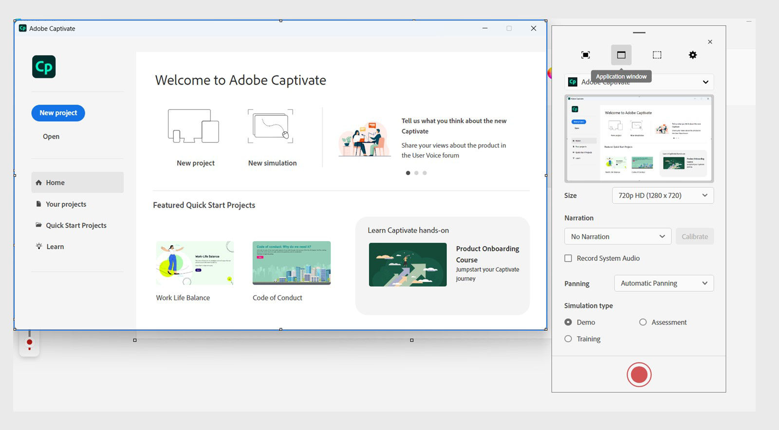 This image shows a blue rectangle for Application window or Custom size screen area while doing a software simulation. While recording if a user moves outside this blue border, a full motion recording starts automatically