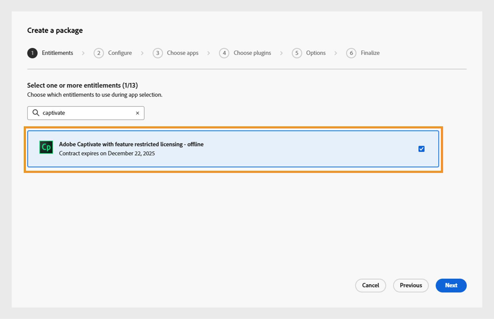 Select the FRL offline under entitlements