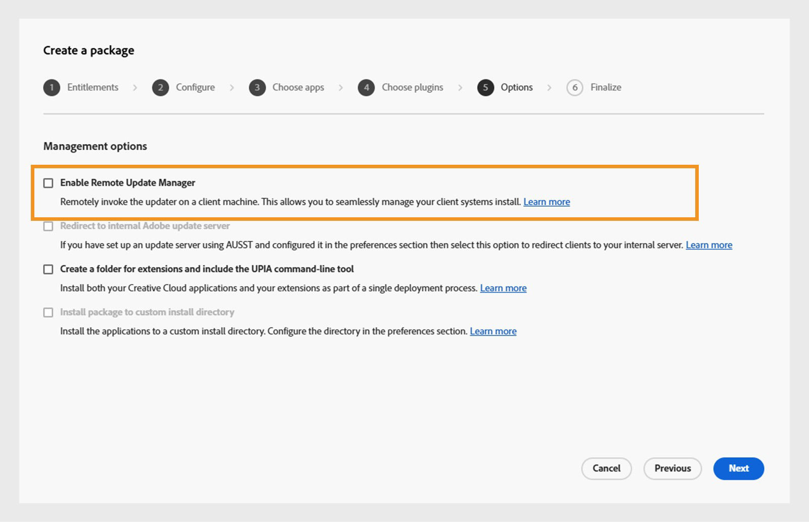 Configure management options for FRL offline package
