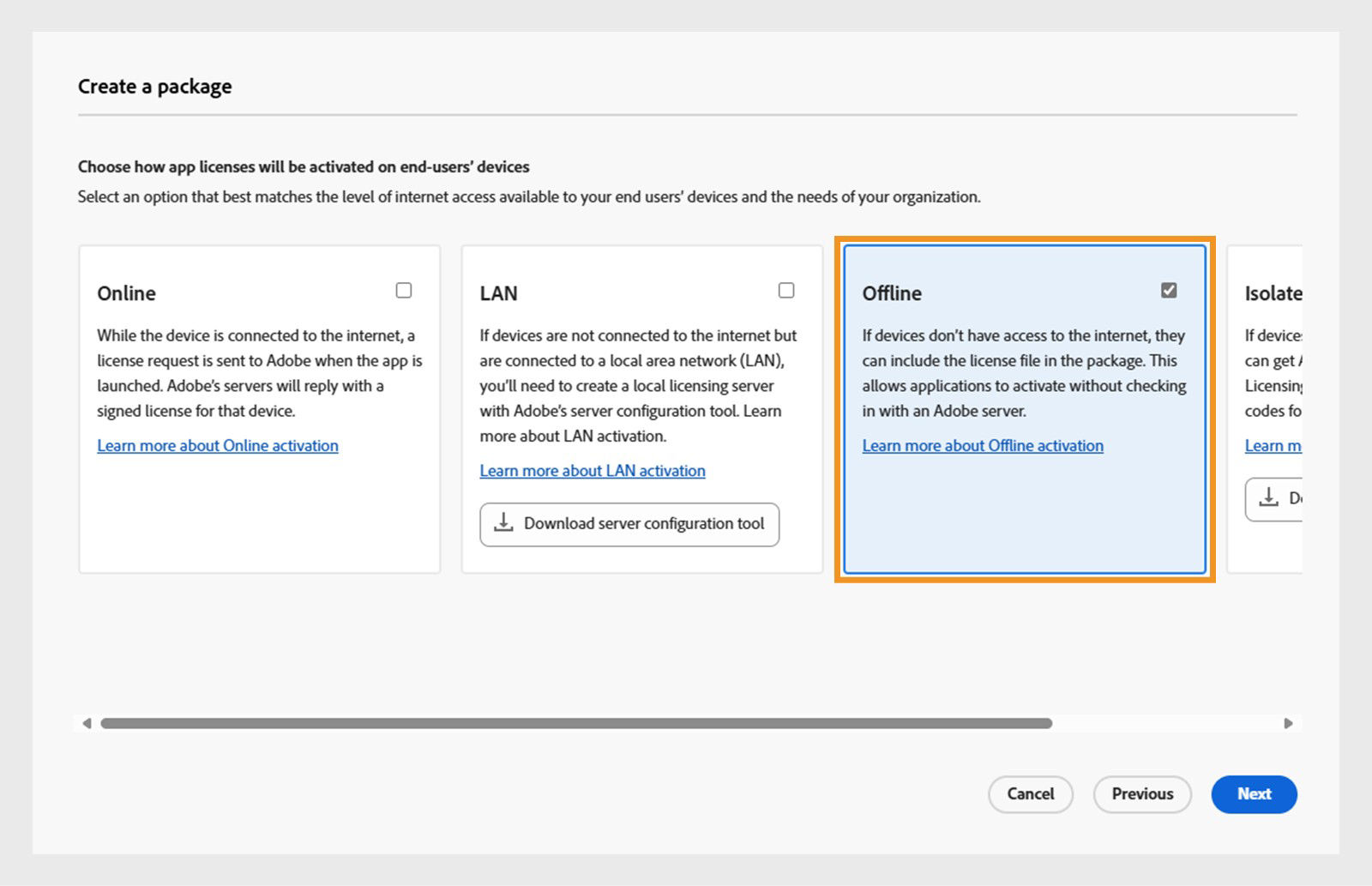 Select the offline activation method for FRL package creation
