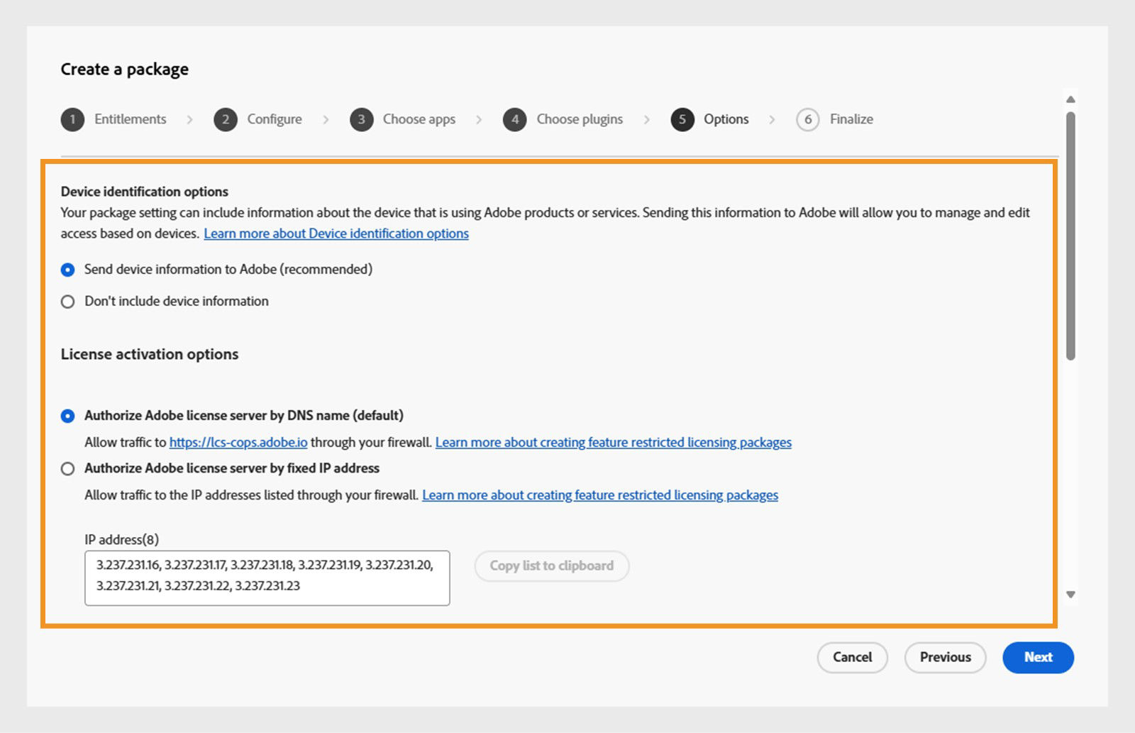 Configure options for FRL online package